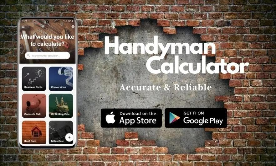 Handyman Calculator app with 100+ tools like concrete, roofing, and electrical calculators for iPhone and Android.