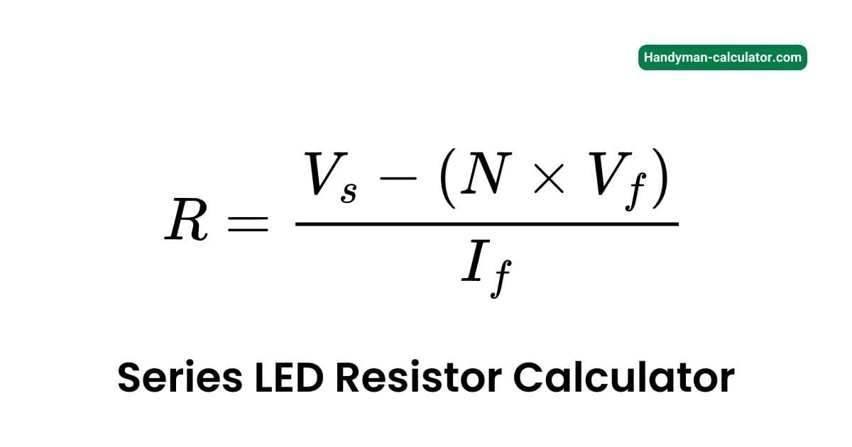 Series LED resistor calculator diagram for 12V or 24V circuits: 3 LEDs in series with one resistor, showing voltage drop calculation (Vs - N*Vf).